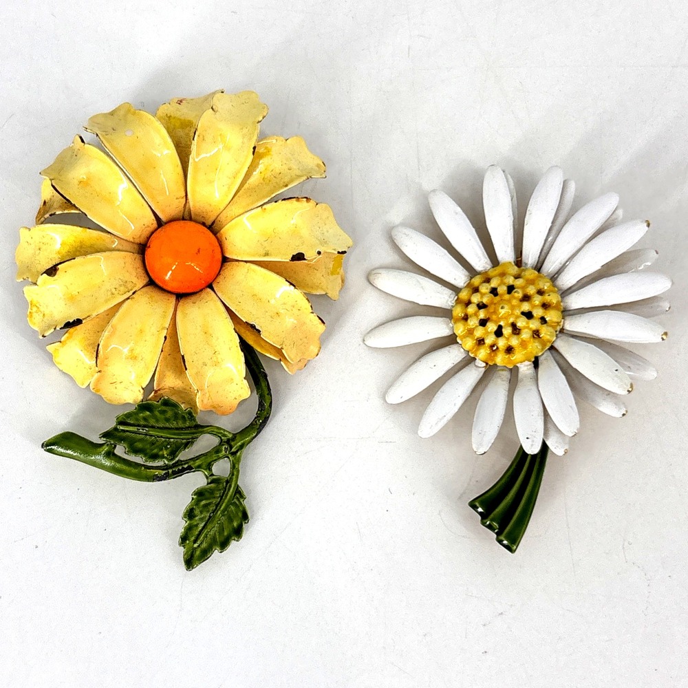 Lot of 2 Vtg Enamel Stem Flowers Brooch Pins Daisy Original By Robert‎